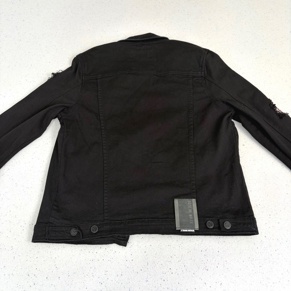 Distressed Black Denim Trucker Jacket "Guerre Et Paix" Red Underlay Grunge L - Picture 7 of 13